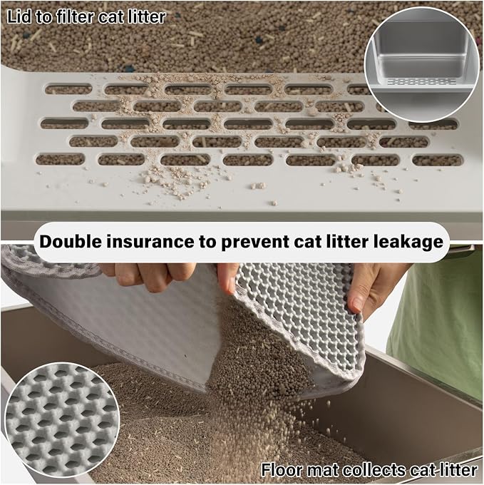 2PCS Stainless Steel Cat Litter Box with Lid Large to XL,Metal Litter Box High Sides for Big/Multiple Cats,Open Design,Indoor,1-Mat and 1-Scoop,Easy to Clean, No Odor,Anti-Urine Leakage