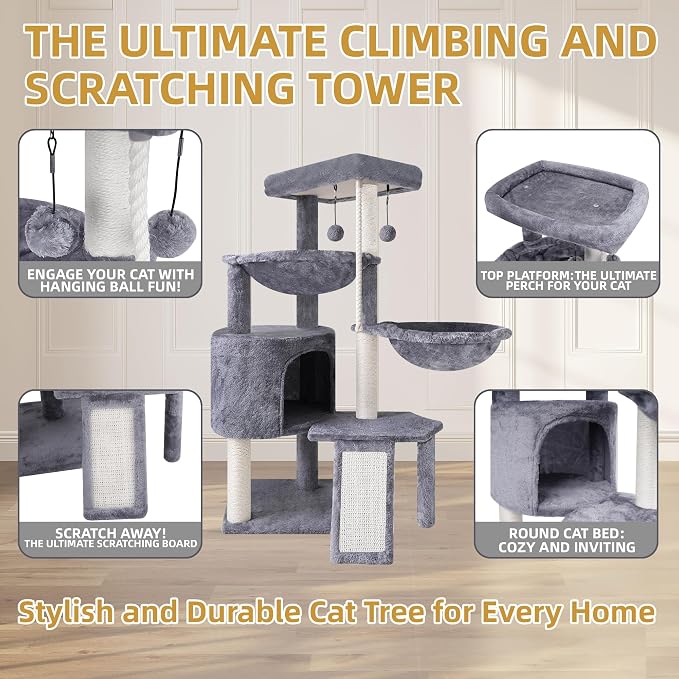 Three Layer Cat Tree with Cat Condo and Two Hammocks,Grey | 3-Tier Cat Tree,Scratch Pad ,Natural Sisal,Replaceable Hanging Balls,Sturdy Cat Furniture for Kitten&Adult Cat