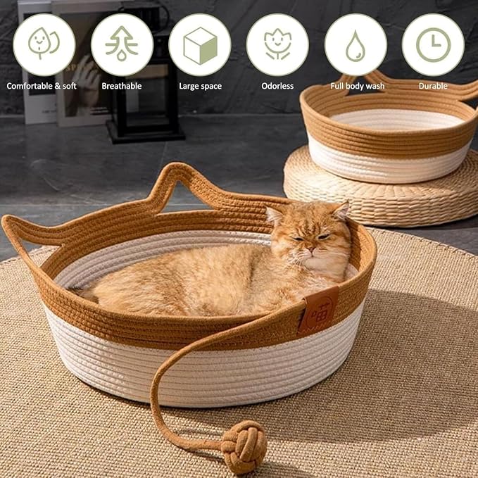 Handwoven Cotton Rope Cat Bed - Breathable & Easy to Clean, Foldable Scratchable Hammock with Cat Ear Design, with a Playing Ball for Kittens - Large Brown