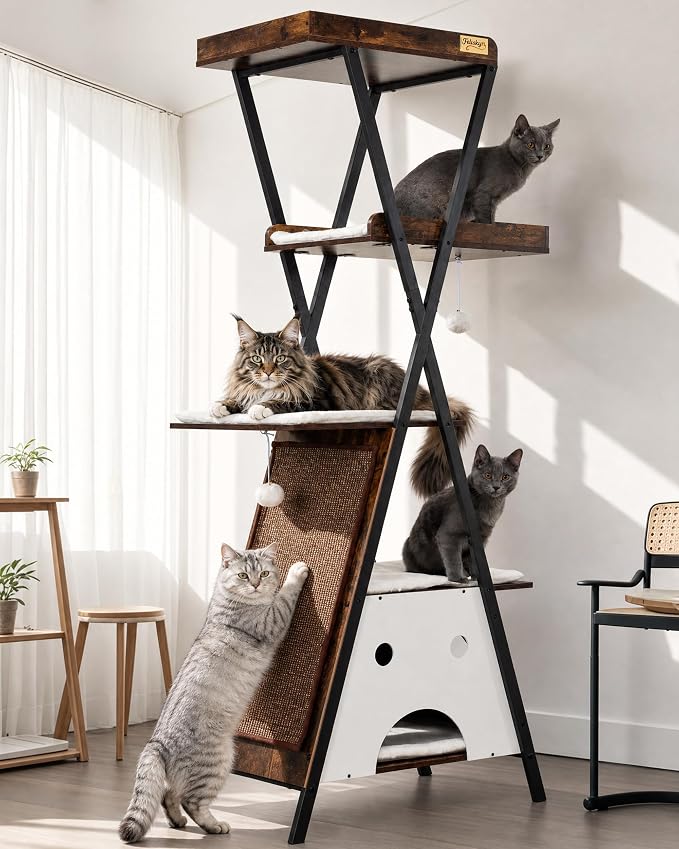 Modern Wood Cat Tree Tower for Indoor Cats Large Adult 67-in Tall | Heavy Duty XL Stable Wooden Cat Condo House Furniture with Multi-Level Spacious Perch Scratching Board Soft Washable Pads