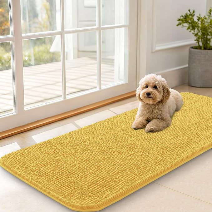 OLANLY Dog Door Mat for Muddy Paws 47x20, Super Absorbent Chenille Mud Mat | Yellow, Absorbs Moisture and Dirt, Non-Slip Machine Washable Doormat, Quick-Drying Indoor Entryway Floor Carpet for Dogs