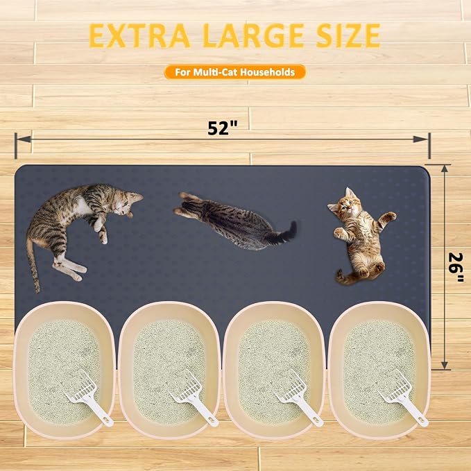 Cat Litter Mat, XXXL 52"x26" Extra Large Litter Mats Silicone, Jumbo Waterproof Floor Mat for Pets, Litter Trapping, Easy to Clean for Multi-cat Households(Grey)