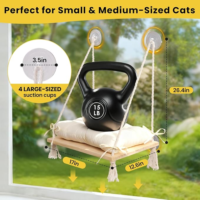 Cat Window Perch, Suction Cup Window Hammock Seat Beds for Indoor Cats with Soft Cushion and Solid Pine Wood