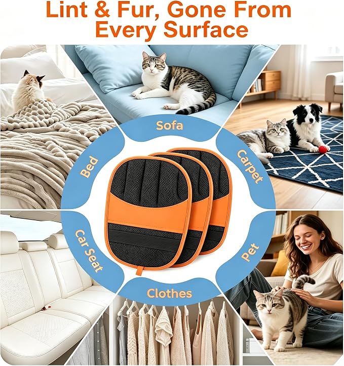 2 Pack Pet Hair Removal Gloves-Orange | Reusable Electrostatic Dog Cat Hair Remover Glove for Furniture Car Seats Clothing,Washable Grooming Mitts for Shedding