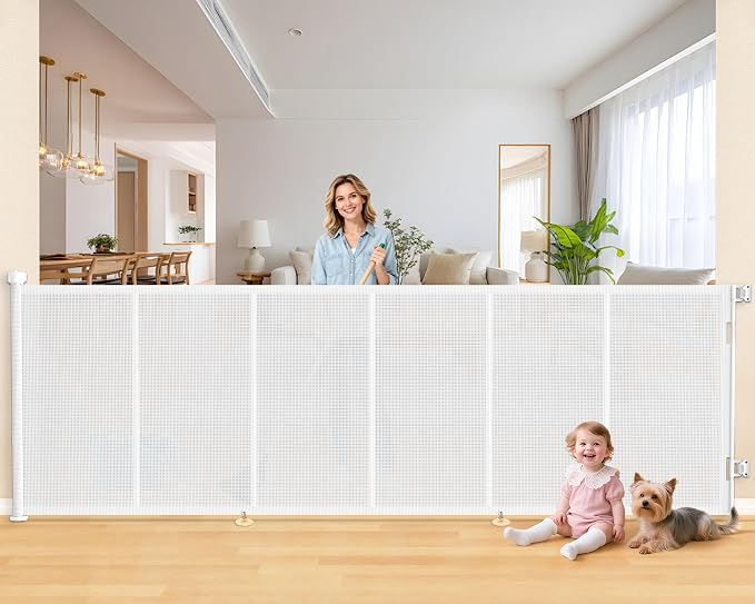 120 Inch Retractable Baby Gates Extra Wide, 41 Inch Reinforced Extra Tall Gate for Large Openings, Mesh Safety Gate for Kids Pets, Retractable Dog Gate for Stair Hallways Doorway Indoor Outdoor, Black