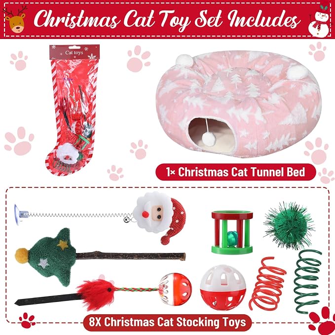 Dansydaisy Cat Tunnel Christmas Tree Skirt, Pink Christmas Tree Cat Tunnel Bed with Star and Toys, Hanging Pom Ball Plush Washable Cushion Peekaboo Playground for Small Medium Rabbit Xmas Decor