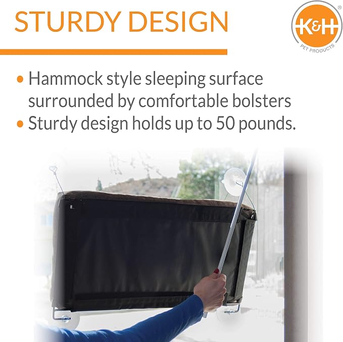 K&H Cat Window Perch, EZ Mount Bolster - Fits 27in Wx23in H Glass Spaces | Cat Window Hammock Bed, Steel Frame, Sturdy Suction Cups, Washable Shelf Covers, Foldable, For Large Felines