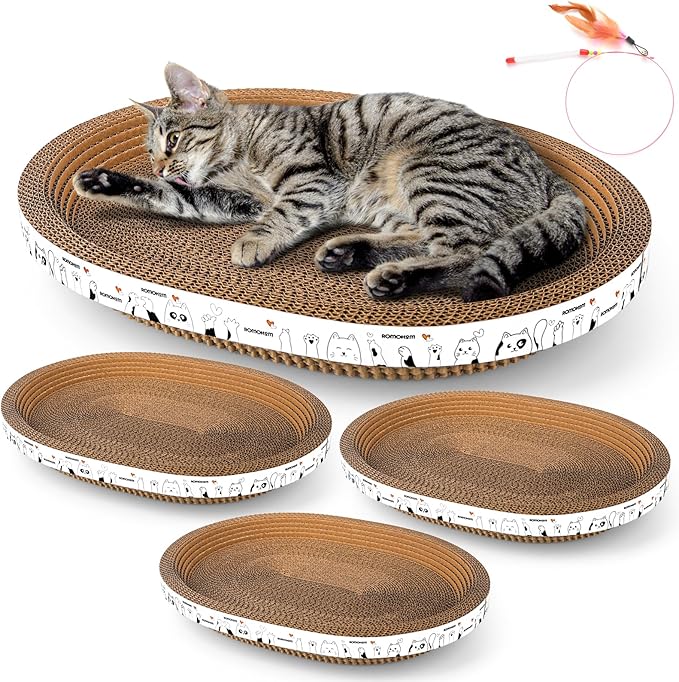 3 Pack Oval Cardboard Cat Scratcher & Lounger Bed, High-Density Cat Scratching Board & Lounge Bed, Ergonomic Scratch Pads for Indoor Cats Claws Care, Furniture Couch Protector from Cat Claws