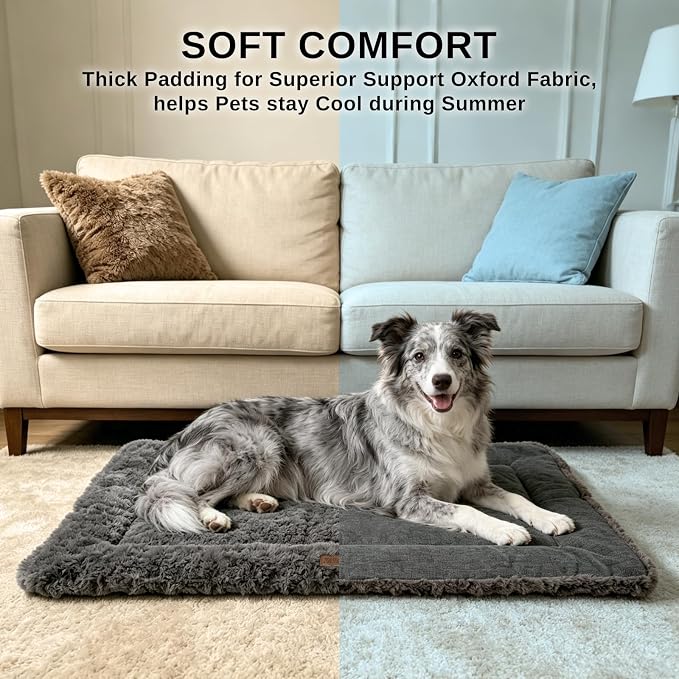 Reversible Dog Crate Mat for Large Dogs,Oxford & Fleece, 42"x27",Dark Gray | 1.2" Fill Preserves Crate Height,Fleece Cozy,Wipes Clean,Splash-Proof,Machine Washable, Folds Flat For 30" Wire Crate & Go