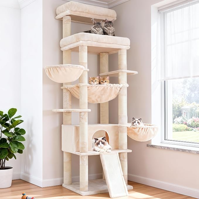 Hey-brother Cat Tree Tower with Extra Large Platform and Basket, MPJ080M | 71.7 Inches Scratching Posts with Specious Condo, 2 Cozy Hammocks, Scratch Board for Indoor Adult Cats, Maine Coon Beige