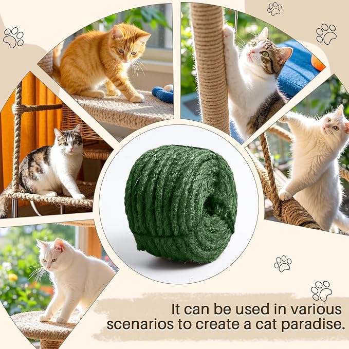 Sisal Rope for Cat Scratcher 1/4" 166 Ft Cat Tree Rope Twine for Repairing Cat Scratching Post Replacement DIY Hemp Rope for Carpet Mat, Pet Toy, and Crafts Gardening Home Decorating (Green)