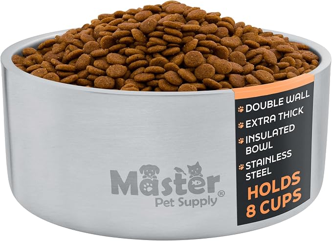 Master Pet Supply Stainless Steel Dog Bowls - 64 oz, Heavy Duty - Stainless Steel, Double Wall Extra-Thick Insulated, Non-Slip Pet Water Bowl for Dogs, Cats & Pets, Anti Rust Metal, Dish Washer Safe