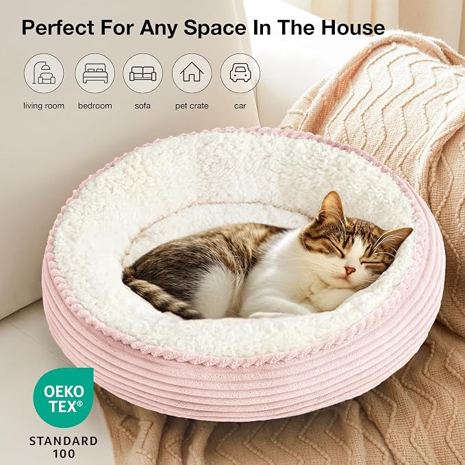 Love's cabin Round Donut Cat and Dog Cushion Bed, 20in Pet Bed for Cats or Small Dogs, Anti-Slip & Water-Resistant Bottom, Super Soft Durable Fabric Pet beds, Washable Luxury Cat Dog Bed Pink Stripe
