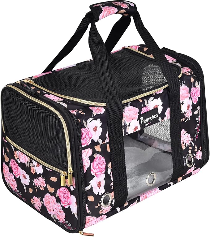 Petmolico Cat Carrier Soft-Sided Pet Bag for Small Medium Cats Puppies 16LBs - Airline Approved Pet Travel Carrier 3 Open Doors (Medium,Pink Peony)