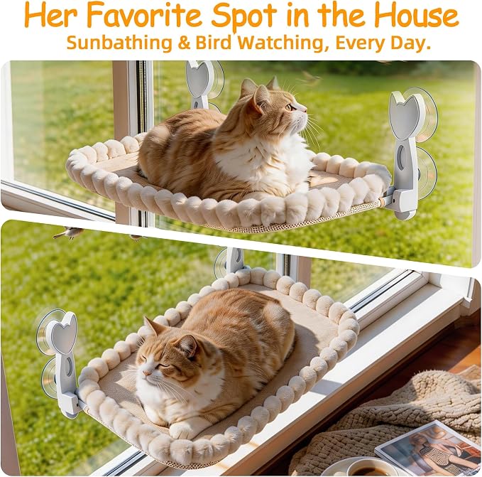 Cat Window Perch - Beige Cordless Foldable Cat Window Hammock for Large Cats, Sturdy Metal Frame Hanging Cat Bed, 40 lbs Capacity