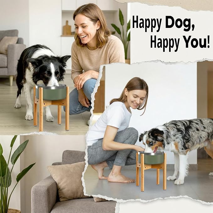 Dog Bowl Stand for Mid-Large Dogs - Adjustable, Easy Fold-Down | Use to Elevate Raise Dog Food, Water and Slow Feeder Bowls, Lock-Bolts and Tool Added, Foot-Padded, Bamboo Stand Only
