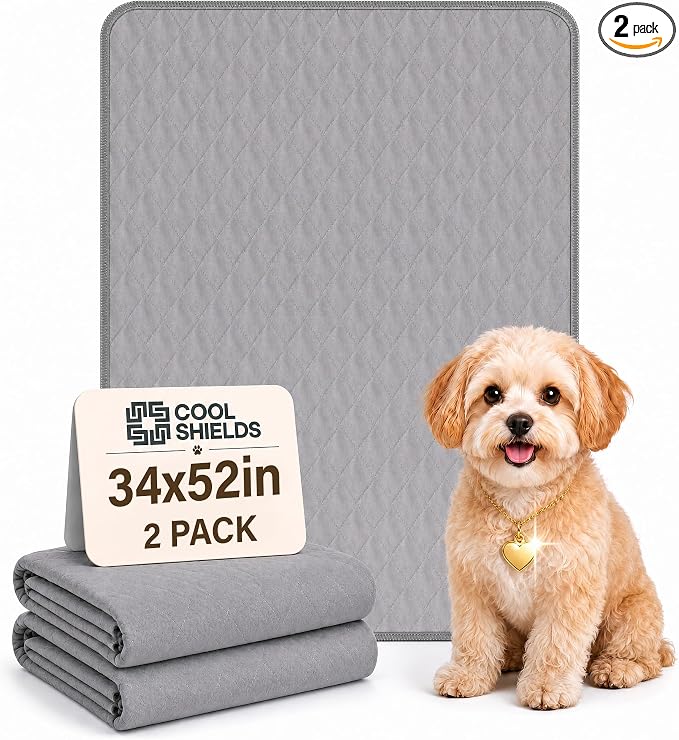 CoolShields Washable Pee Pads for Dogs, 34'' x 52'', Grey, 2 Pack | Ultra-Absorbent Reusable Waterproof Puppy Pad for Crates, Playpens, Carpets, and Floors—Ideal for Dogs, Cats, and Small Pets