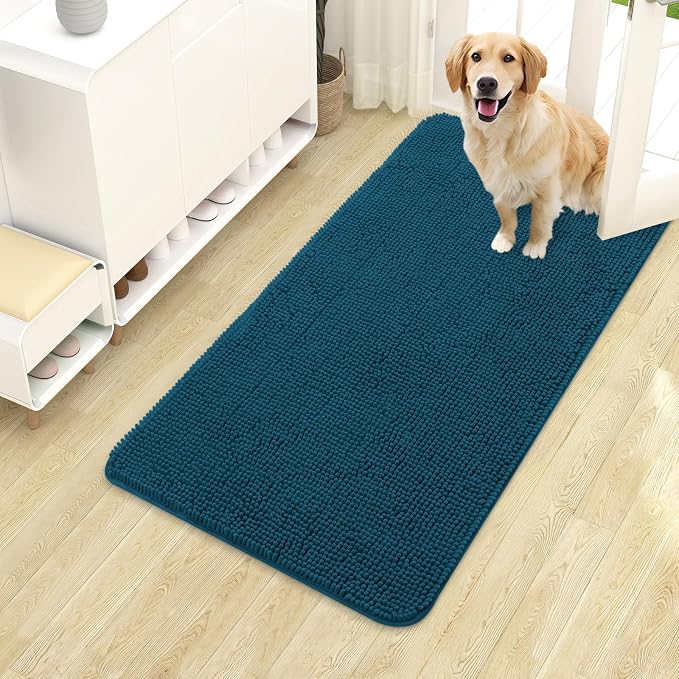 OLANLY Dog Door Mat for Muddy Paws 40x24, Super Absorbent Chenille Mud Mat | Atlantic Blue, Absorbs Moisture and Dirt, Non-Slip Machine Washable Doormat, Quick-Dry Indoor Entryway Floor Carpet for Dogs