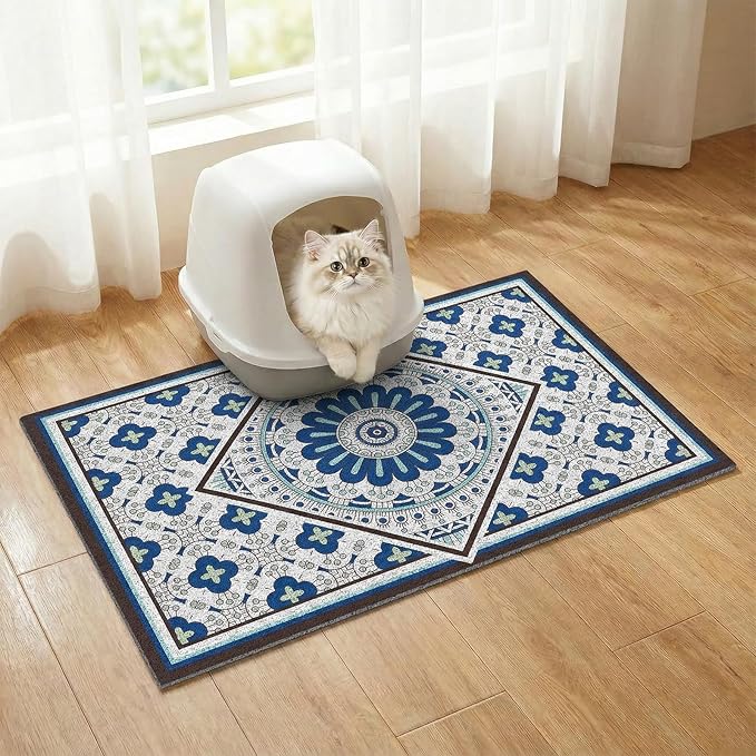Bohemian Kitty Litter Mat 24"x17",Non-Slip Litter Box Mat, Washable Cat Litter Rug Catcher,Double-Layer Litter Trapping Mat for Scatter Control, Easy Clean Cat Food Mat & Floor Protector