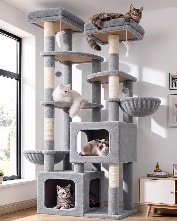Globlazer S74E Pro Heavy Duty Maine Coon Cat Tree for Large Cats,Light Grey | 74in Sturdy Multi-Level Tall Cat Tree Tower for Indoor Adult Cats with Scratching Posts, 2 Cat Condos, 2 Top Perches