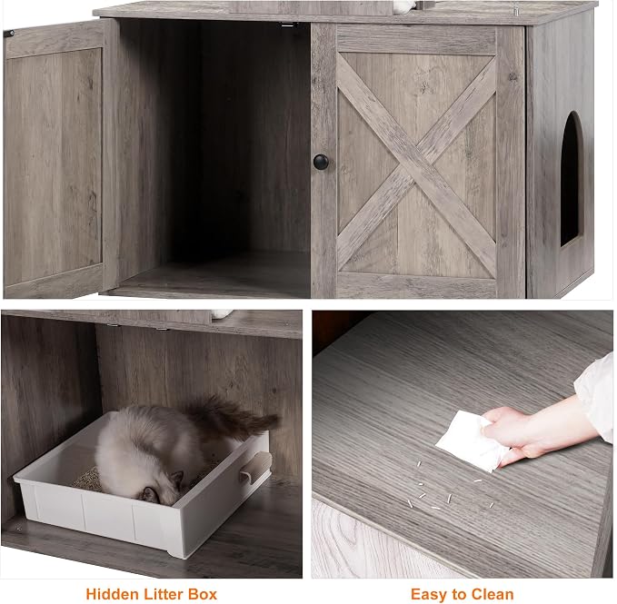 Heybly Cat Tree with Litter Box Enclosure for Indoor Big Cat HCT110SG | Cat Tower for Large Cats 20 lbs Heavy Duty, Modern Cat Condo Furniture with Scratching Posts, Rustic Gray