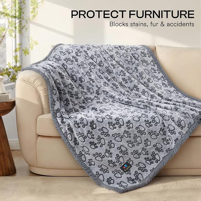 Luciphia Waterproof Pet Blankets for Couch Sofa Bed Cover Liquid Pee Proof Washable Soft Fluffy Large Dog Blanket Reversible Furniture Protection Paw Grey Medium（57" x 40"）