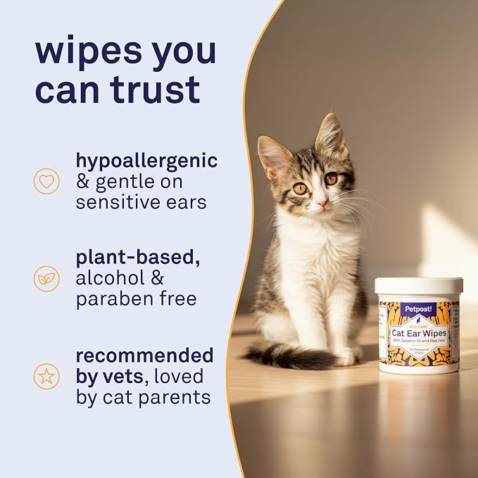 Petpost | Cat Ear Cleaner Wipes - Ultra Soft Cotton Pads in Coconut Oil Solution - Treatment for Removing Cat Ear Dirt & Wax 100 ct.
