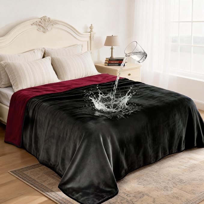 gogobunny Waterproof Flannel Blanket for Bed Couch Sofa, Reversible Double-Sided Throw for Dog Puppy Cat, Stain Resistant Furniture Protector Against Liquid Pee and Fur (90" x 108", Black/Red)