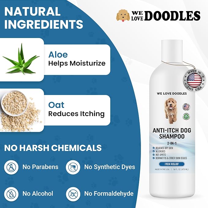 Anti Itch Dog Shampoo & Conditioner for Sensitive & Itchy Skin, Made in USA | Relieves Itchy & Dry Skin, For Irritated Skin & Hot Spots, Hypoallergenic, Tearless & Natural For Puppies, Pets & Cats, USA
