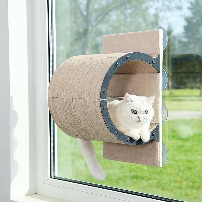Cat Window Perch with Scratching Bed,Versatile Climbing Shelves Mounted by Strong Suction Cups, Solid Metal Frame and Anti-Slip Felt for Hide,Nap and Sunbath, Glass Protection Design(Oatmeal)