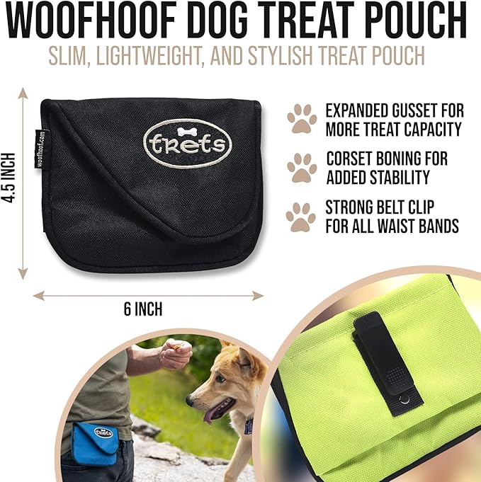 Dog Treat Pouch, Black Training Treat Pouch - Clip On Dog Treat Holder, Innovative No Spill Design, Magnetic Flap, Expandable Gusset, Made of Durable Nylon, Machine Washable