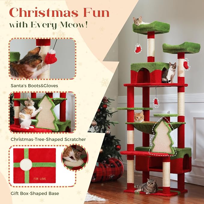 PAWZ Road Christmas Cat Tree, 72" with Big Condo, Hammock & Xmas Scratcher | Xmas red&green cat tree, 20"×16" hammock for adult cats, 7 scratch posts + pad, dual condos&perches for multi-cats