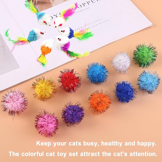 Cat Toys Assortment - Interactive Kitten Toy Bundle with Sparkle Pom Pom Balls, Crinkle Balls & Spring Toys for Indoor Cats(38-Pack)