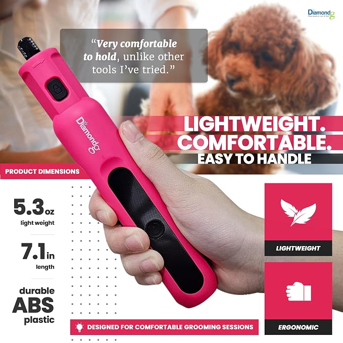 Diamondg Micro Dog Nail Grinder - Quiet Sound with LED Light, Pink | 5-Speed Rechargeable Pet Nail Trimmer for Small & Large Dogs, LCD Display, USB-C Charging, 4hrs. Runtime Rotary Tool