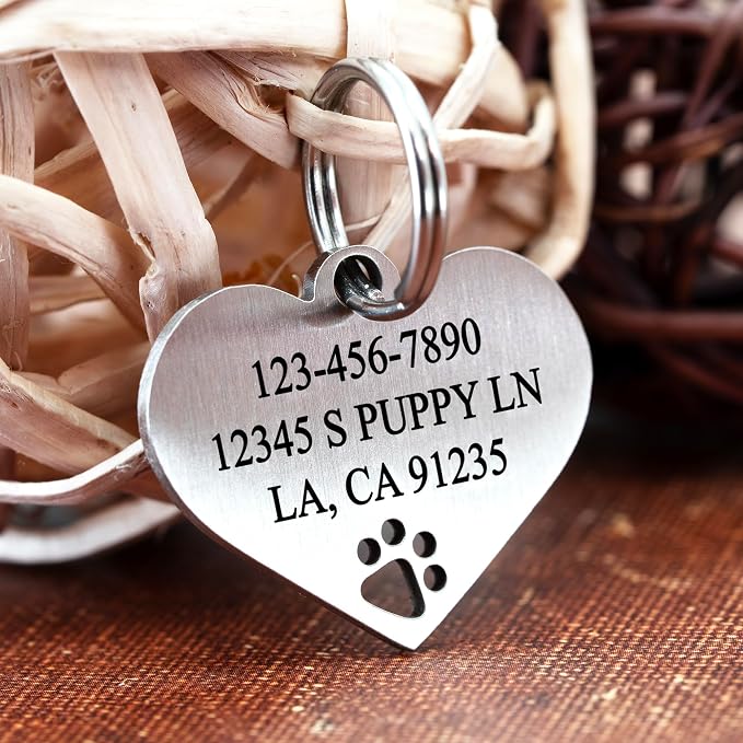 Ultra Joys Dog Tags Personalized for Pets - Hollow Paw Custom Pet ID Tag - Engraved Dog Tag for Small, Large Dogs - Small Heart in Silver