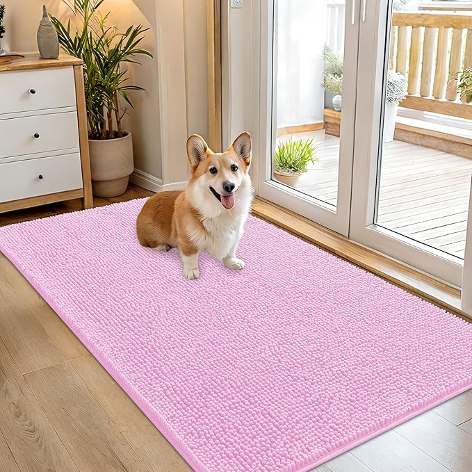OLANLY Dog Door Mat for Muddy Paws 54x32, Super Absorbent Chenille Mud Mat | Pink, Absorbs Moisture and Dirt, Non-Slip Machine Washable Doormat, Quick-Drying Indoor Entryway Floor Carpet for Dogs
