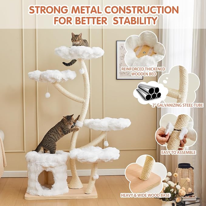 Modern Cat Tree 62" Tall, Cat Tower for Multiple Small Large Cats with Scratching Post, Multi-Level Luxury Aesthetic Cat Condo