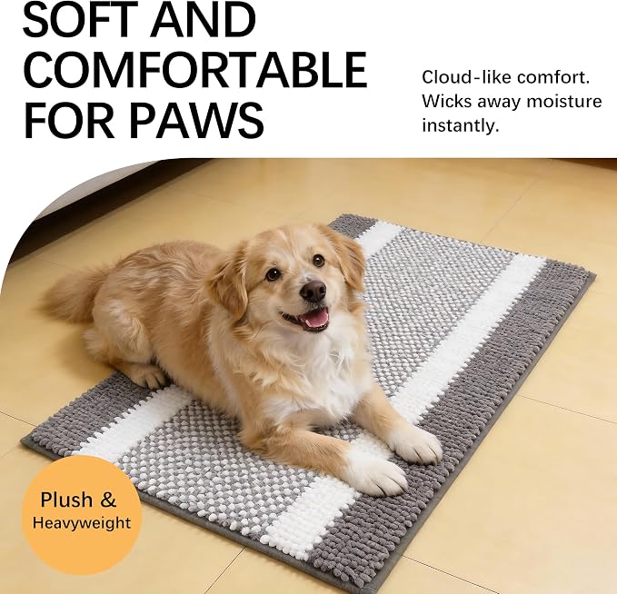 Dog Door Mat for Muddy Paws - Absorbent Quick-Dry Non-Slip Washable Chenille Pet Rug, Indoor Entryway Mat for Front Door & Crate (Gray White, 30" L*18" W)