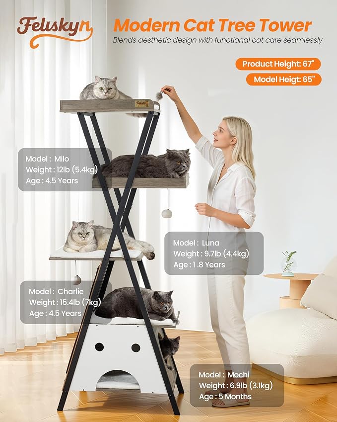 Modern Wood Cat Tree Tower for Indoor Cats Large Adult 67-in Tall | Heavy Duty XL Stable Wooden Cat Condo House Furniture with Multi-Level Spacious Perch Scratching Board Soft Washable Pads