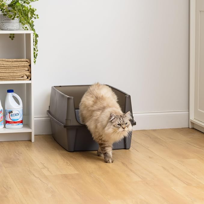 IRIS USA Extra Large Cat Litter Box XXL Open Top High Sided Walls Scatter Shield Scoop Included Easy Clean Plastic Pan for Big Cats Multi-Cat Households 30" L x 20" W x 14" H Gray