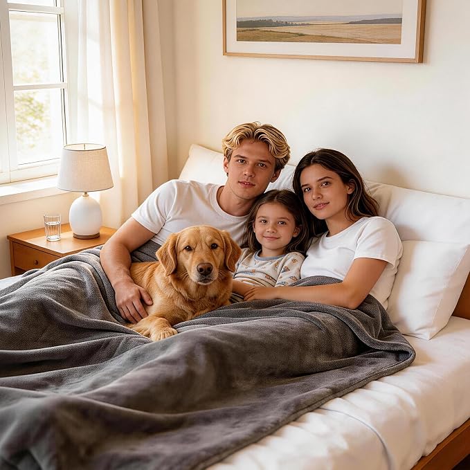 JUIN Waterproof Dog Blanket for Bed: Queen Size Water Proof Blanket, Gray | 100% Waterproof, Soft Double-Sided Flannel, Queen Size 90" x 90", Pet & Bed Protection, Machine Washable