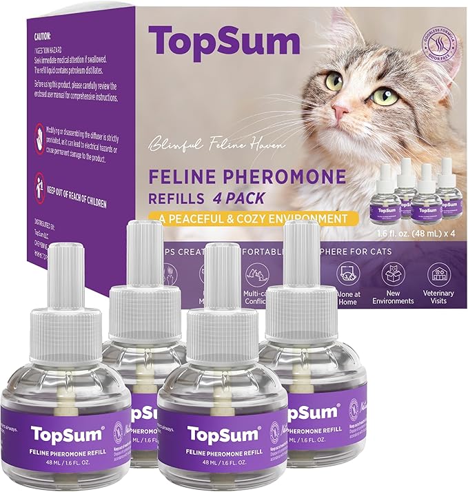 TopSum Cat Calming Pheromone Diffuser: Feline Pheromones Plug in for Stress, Alone At Home, Spraying, Fighting, Scratching, Aggression & Excessive Meowing (Purple– 4 Refills)