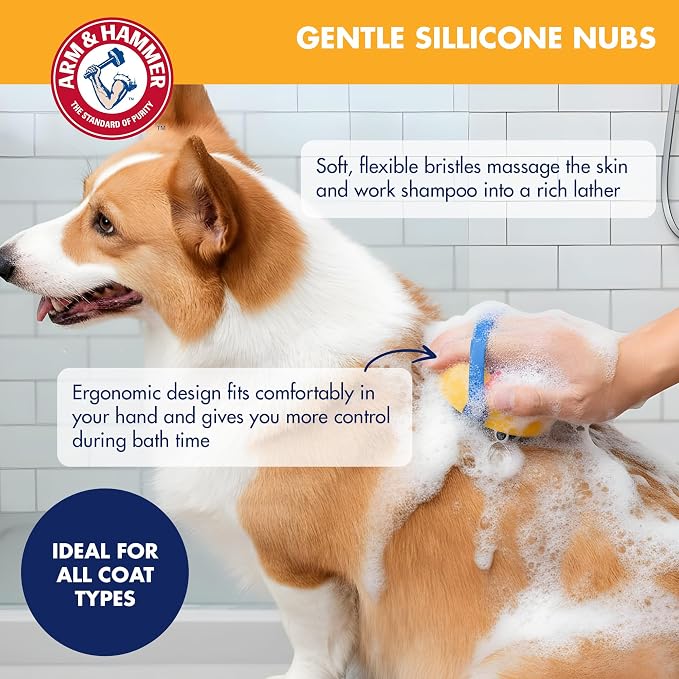 Arm & Hammer Simply Grooming Soap Dispensing Palm Dog Brush | Baking soda infused, silicone scrubbing nubs, easy-grip design, lathers and deodorizes, all coat types
