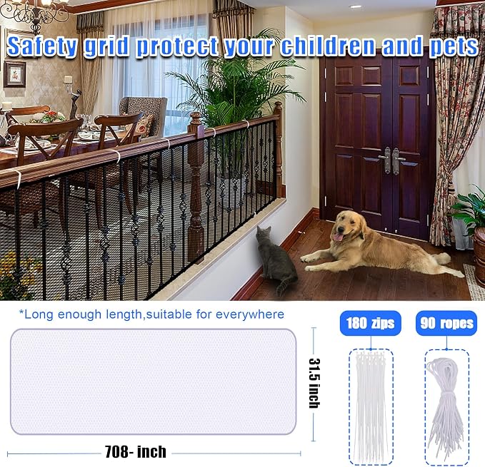 Baby Gate for Stairs, Banister Guard for Kids, Pets, Toys, 59ft L x 2.66 ft H, Mesh Netting Safety Net for Balcony Rail Stair, Stairway Net Baby Safety Products for Indoor & Outdoor (White)