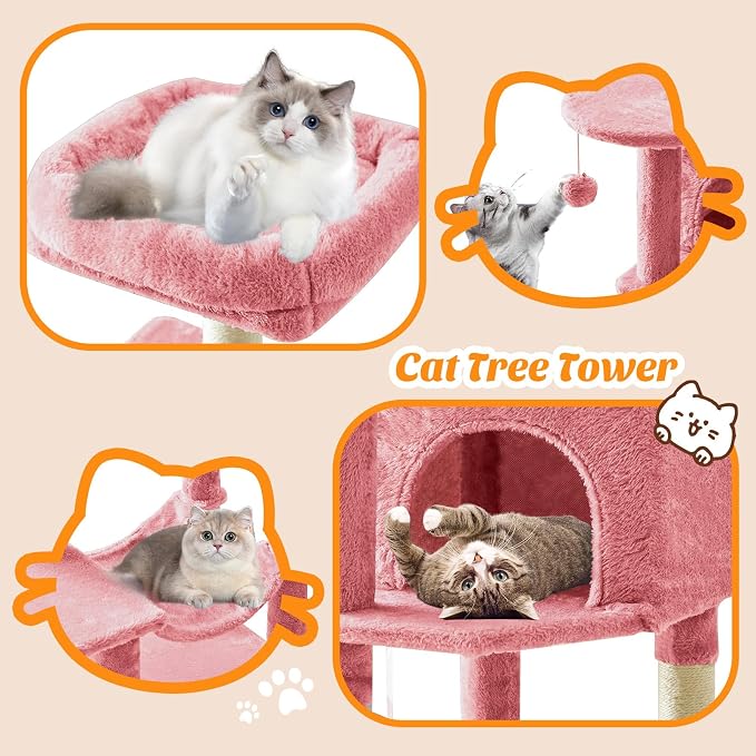 44 Inch Small Cat Tree Tower for Indoor Cats and Kittens | Multi-Level Cat Climbing Tower with Natural Sisal Scratching Post and Hammock, Pet Condo, Pink