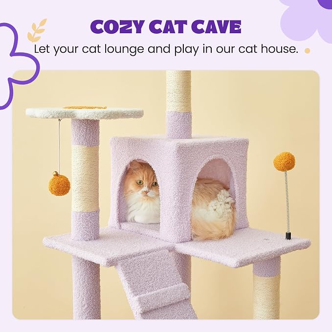 MWPO Flower Cat Tree for Indoor Cats, 63.8 Inches Multi-Level Cat Tower with Sisal-Covered Scratching Posts, Padded Platform, Hammock, Dangling Toys, Stable Cat Condo Pet Play House