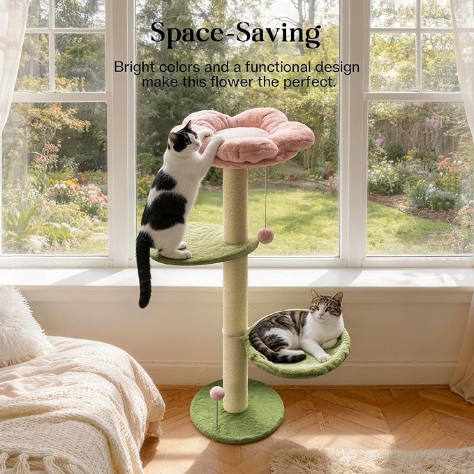 2 Ways Cat Window Perch, Flower Window Perch for Cats Inside with Hammock & Jumping Paltform, Cats Window Bed with Tall Sisal Scratching Post, Cat Hammock for Windows with 2 Strengthened Suction Cups