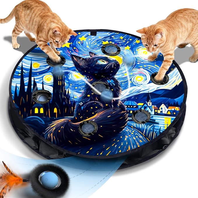 Interactive Cat Toy with Motion Activated Ball & 7-Hole Play Mat, Hide and Seek Exercise Game for Indoor Cats, Automatic Moving Cat Ball in Pouch, Rechargeable Kitten Toys (Starry Night)
