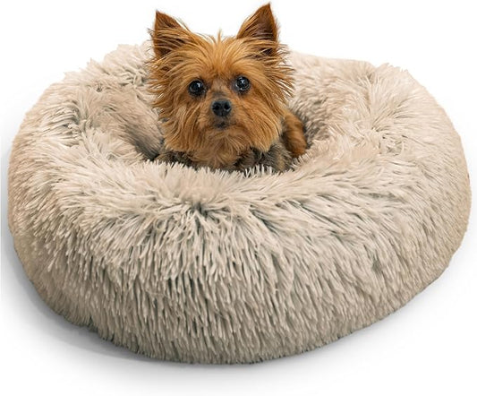 Best Friends by Sheri The Original Calming Donut Dog Bed for Extra-Small Dogs up to 10 lbs, Shag Faux Fur, Taupe, 18" x 18"