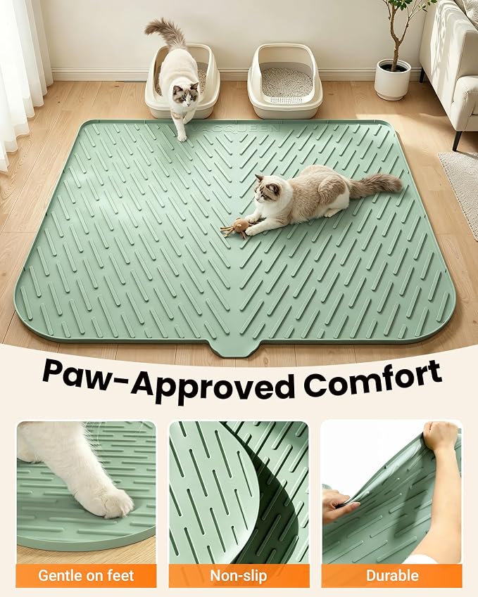 Cat Litter Mat, 47" x 37" Extra Large Cat Litter Box Mat, Silicone Waterproof Litter Trapping Mat for Scatter Control Soft on Kitty Paws Non-Slip Easy to Clean (Green) | Waterproof Litter Trapping Mat for Scatter Control, Soft on Cat Paws Non-Slip Easy...
